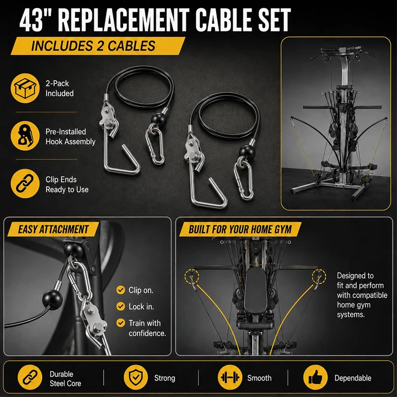 Cable Set for Bowflex Home Gyms, 2Pcs/Set, 43-Inch Fits for Sport, Classic, PR1000, Power Pro, Blaze, Xtreme SE, Ultimate More