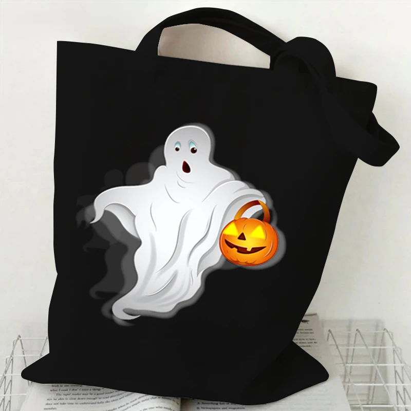 Women Canvas Shoulder Bag Halloween Ghost Reading Books Print Handbag Ladies Casual Bookworm Tote Bag Book Lovers Shopping Bag