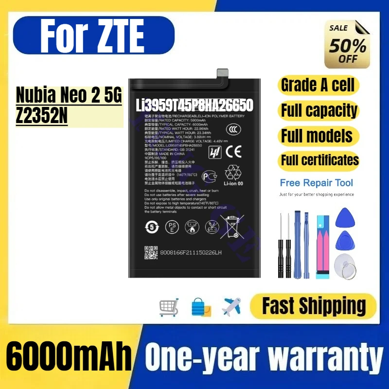 

Li3959T45P8HA26650 for ZTE Nubia Neo 2 5G/Z2352N Mobile Phone Battery High Quality Replacement Bateria Grade A Cell with Tools