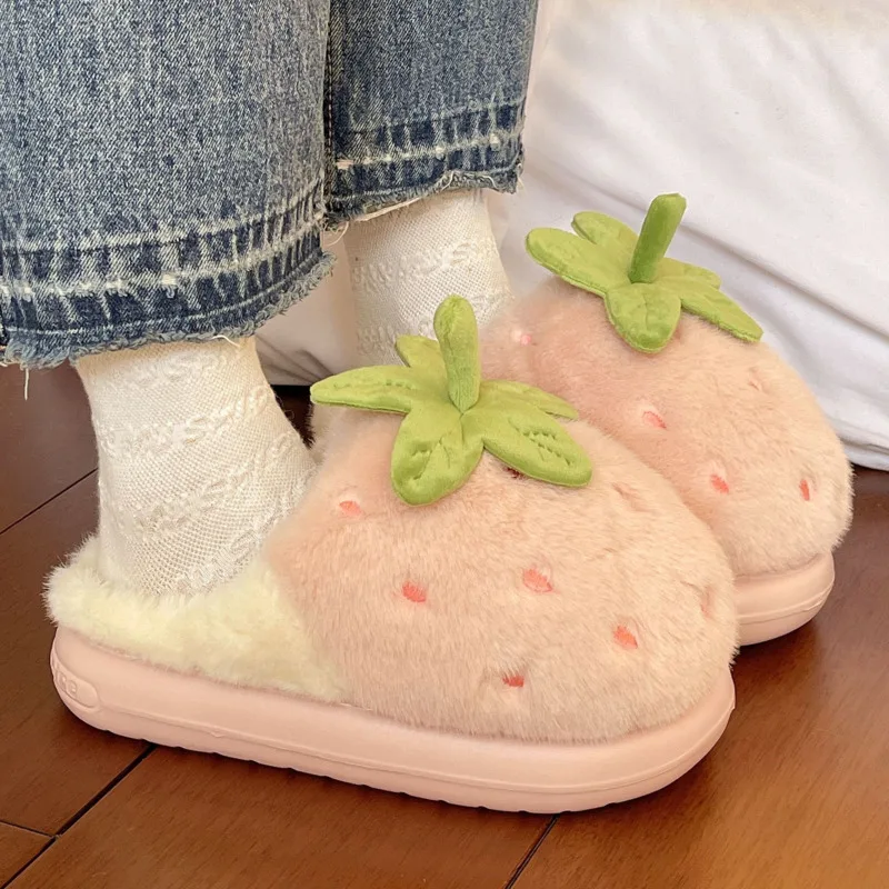 딸기 모양 면 슬리퍼 여성용 Y2K 귀여운 플러시 따뜻한 실내화 미끄럼 방지 두꺼운 밑창 겨울 과일 슬리퍼 편안한 홈웨어 신상품