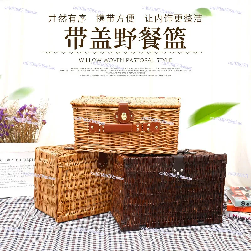 

Rattan Wicker Outdoor Picnic Household Storage Fruit Steak Vegetable Basket With Cutlery