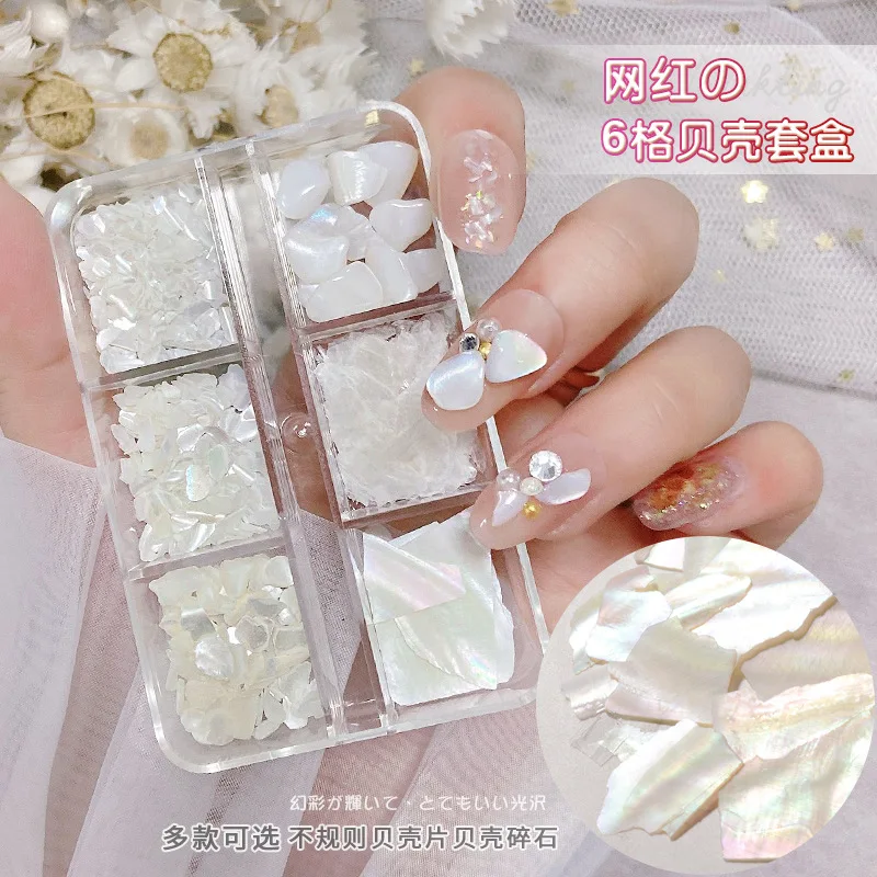 

6 Grids Abalone Shell Slice Flake Nail Art Sequins Irregular Natural Mica Stone Sea Shell Nail Glitter Rhinestone Decor Manicure