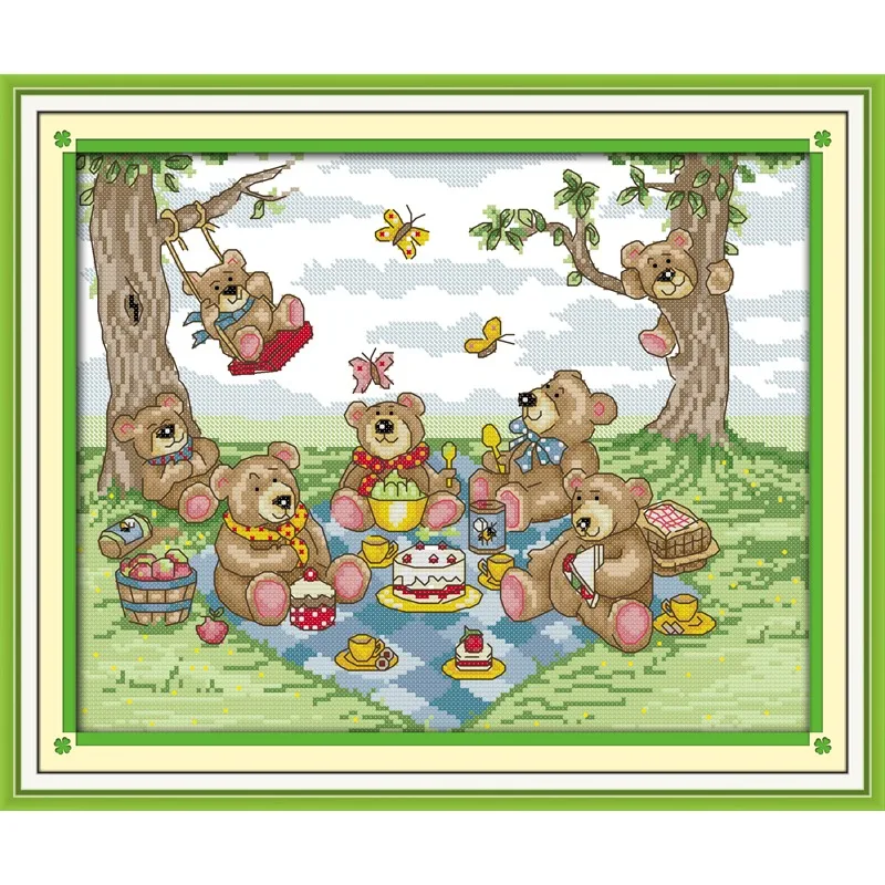 

Joy Sunday New Stamped Cross Stitch Kit,11/14/16CT DIY Easy Pattern Aida Fabric Embroidery Set-Teddy Bear's Picnic