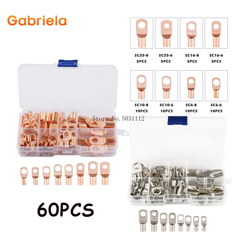 

60PCS Bolt Hole Tinned Copper Terminals Set SC Wire Terminals Connector Cable Lugs Battery Ring Crimp Terminals Connector Set