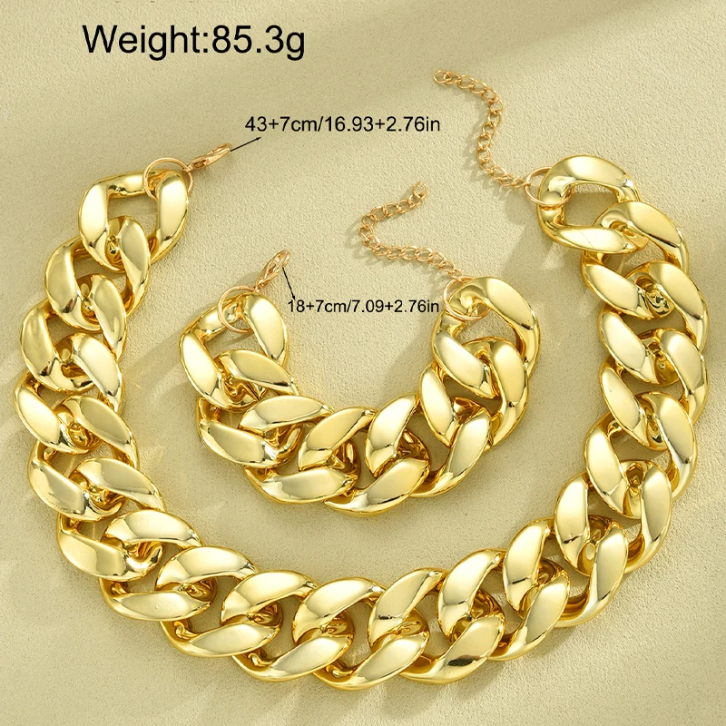 2pcs Exaggerated Gold Cuban Chain Necklace and Bracelet Set