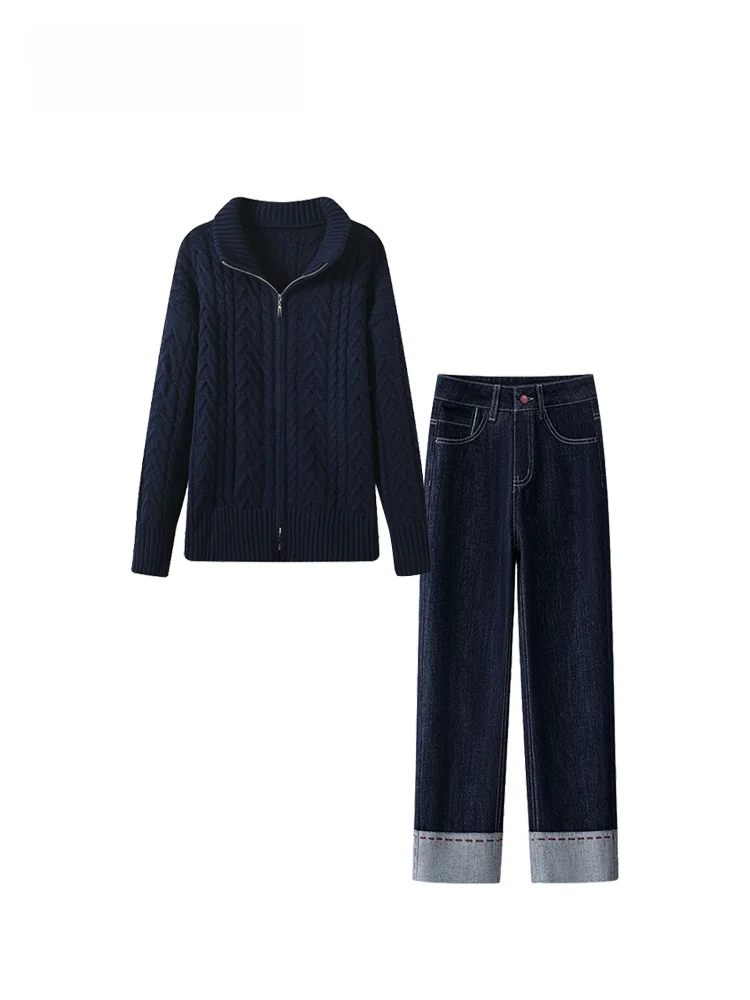 

Свободный комплект из свитера с длинными рукавами и джинсов для женщин больших размеров: весенний, повседневный, комфортный, с молнией, вязаный, с эффектом омоложения.