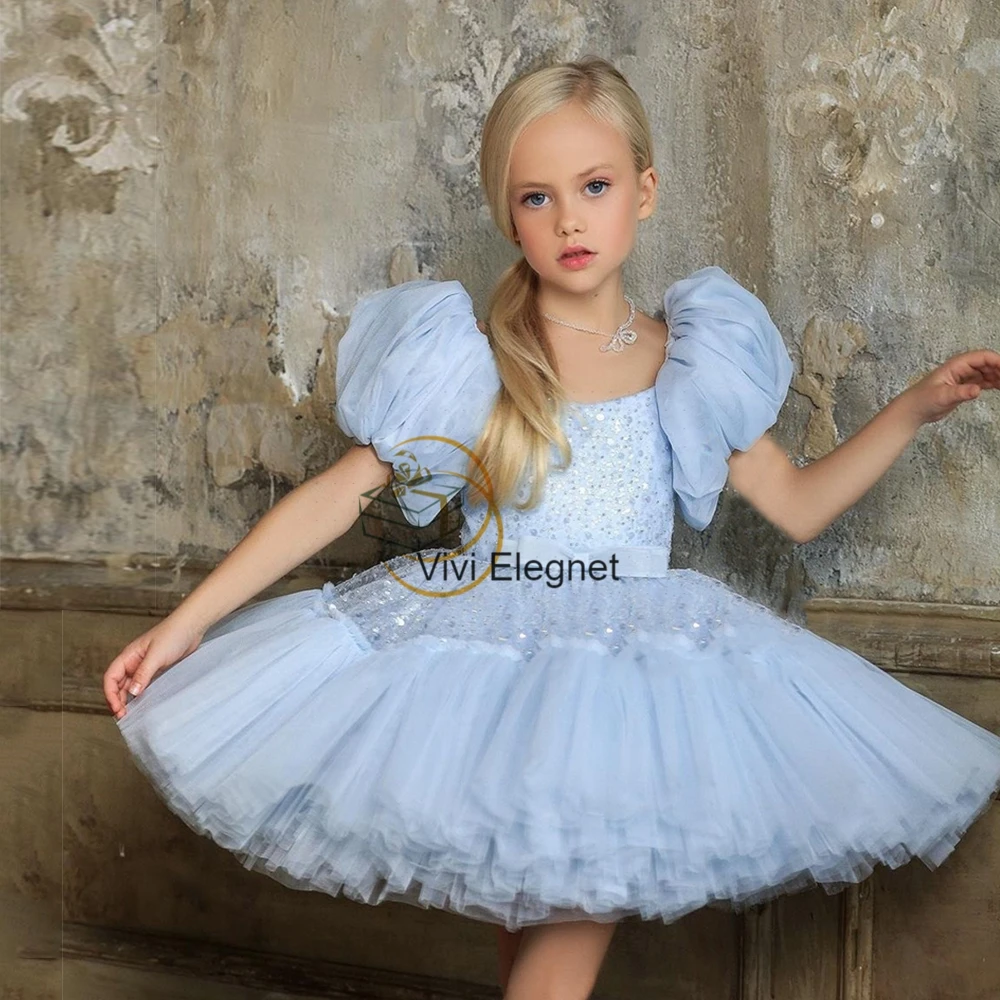 Vestidos de manga abullonada con tutú y flores para niña, vestidos de fiesta de boda con lentejuelas y cremallera trasera, longitud de té, verano, 2022