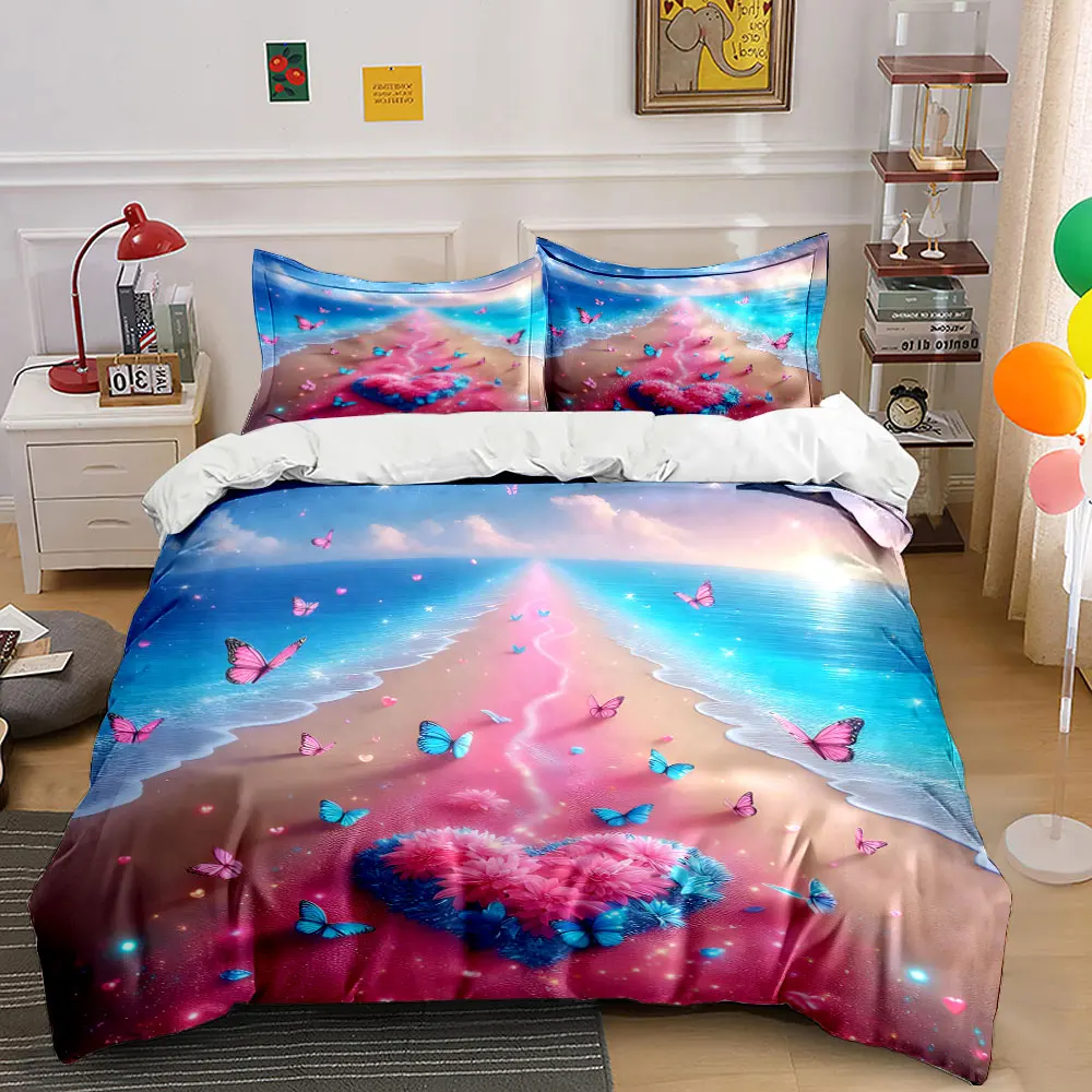 Pink-Blue Butterflies on Heart Beach Bedding Set for Kids Luxury Gift 3pcs Digital Print Comforter Set Soft Comfortable