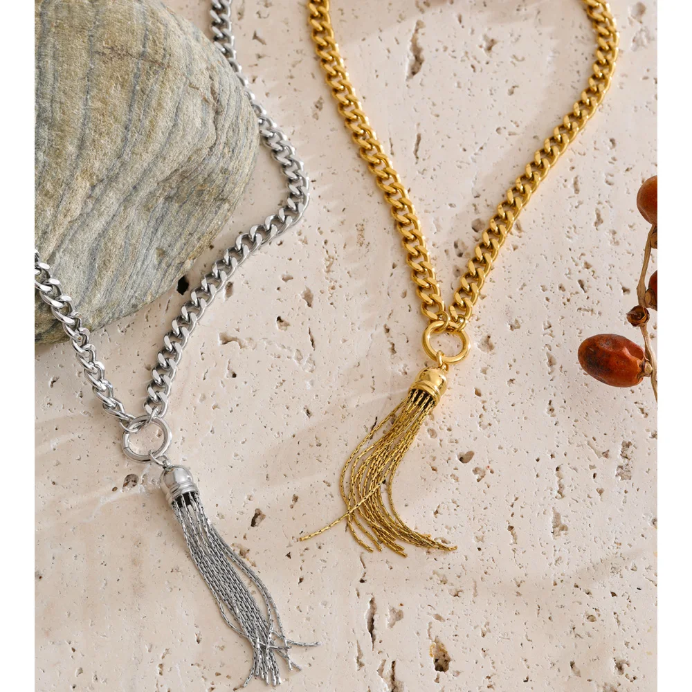 Yhpup Stainless Steel Tassel Chain Drop Statement Necklace Waterproof Metal Arrivals Summer Neck Jewelry PVD Plated
