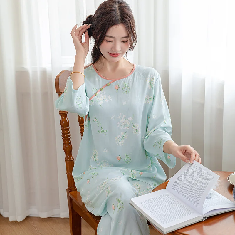 Retro Chinese Style Women\'s Nightwear Summer New Short Sleeve Trousers Sleepwear Pajamas Set Sleep Suit Casual Home Clothes