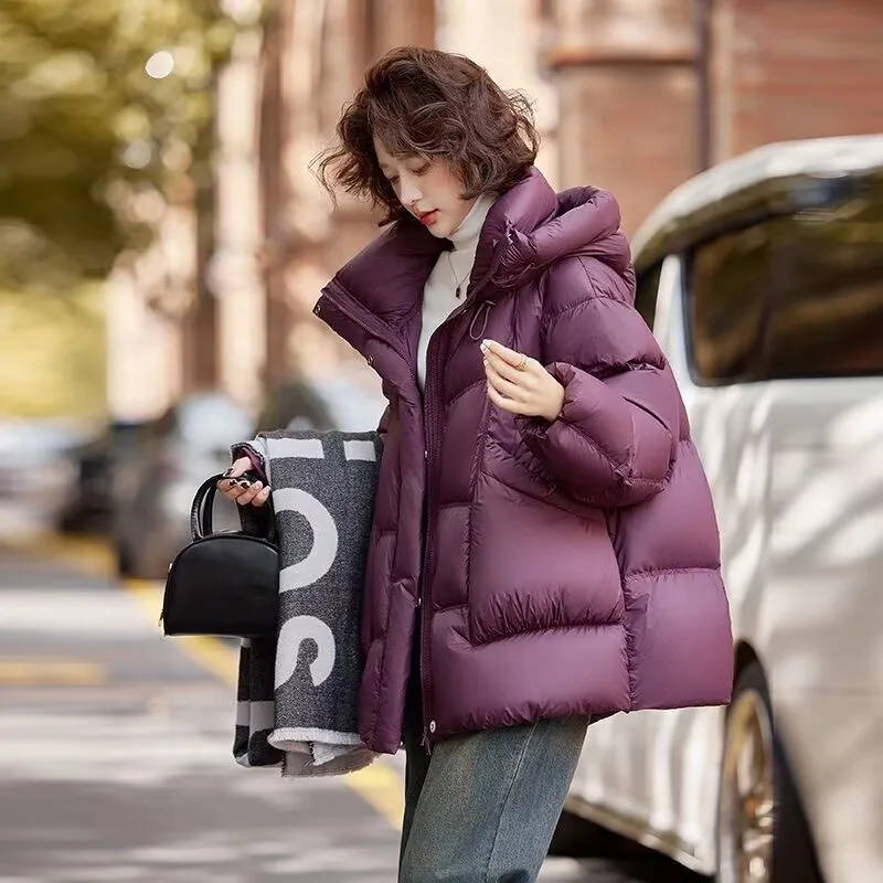 90% ホワイトダックダウンコート女性フード付きミディアム丈ルーズジッパーパーカー 2026 新しい冬厚く暖かいパフジャケット女性