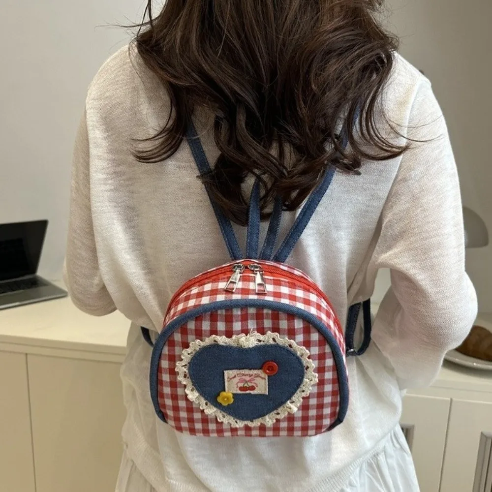 Sweet Cloth Lattice Backpack Mini Bow Denim Shoulders Bag Heart Plaid Knapsack Outdoor