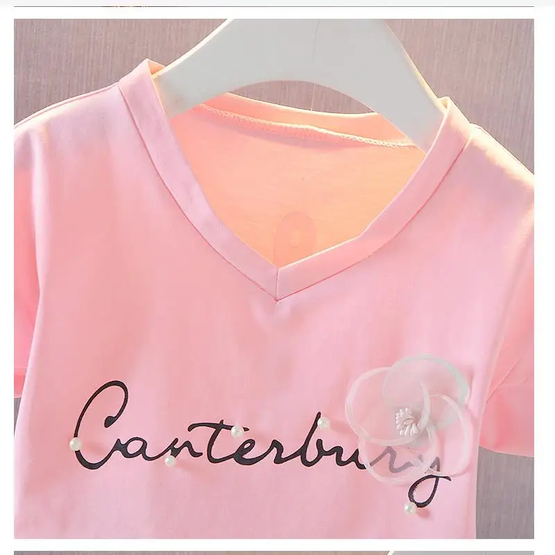 Fashion Kids Clothing Sets Summer Baby Girls Clothes Flower Printing T-shirt + Skirt Suit 2Pcs Kids Clothes letter Girls Suit image 5