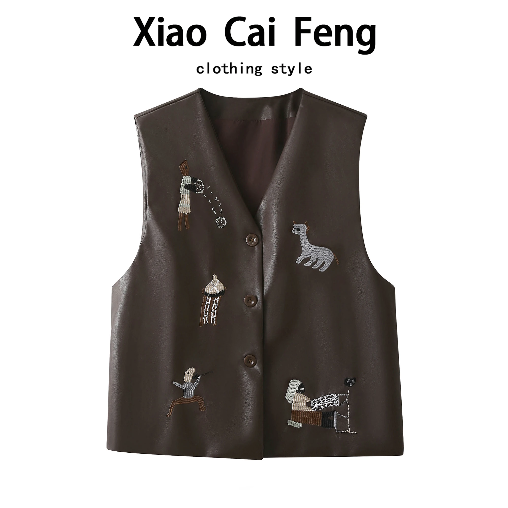 

Retro Coffee PU Leather Vest Women's Autumn Faion V-Ne Embroidery Top Outerwear Trendy Commute Sle No Sve