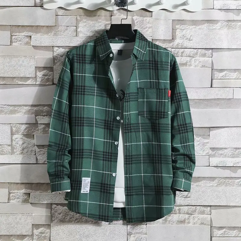 Spring New Men Plaid Shirt Long Sleeved Korean Trend Thin Style Lapel Collar Contrasting Colors Casual All-match POLO Shirt