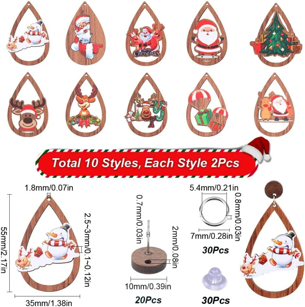 1 กล่อง DIY 10 คู่คริสต์มาสไม้ต่างหูทําชุด Xmas Charms ต้นคริสต์มาส Charms Santa Claus Reindeer Charm ทําชุด