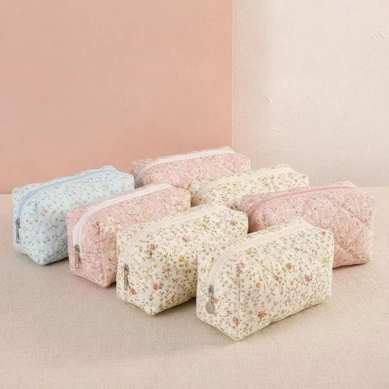 Cute Floral Quilted Cotton Zipper Pencil Case Multi‑Pattern Storage Pouch, Stylish Stationery Bag for School Office Daily Use