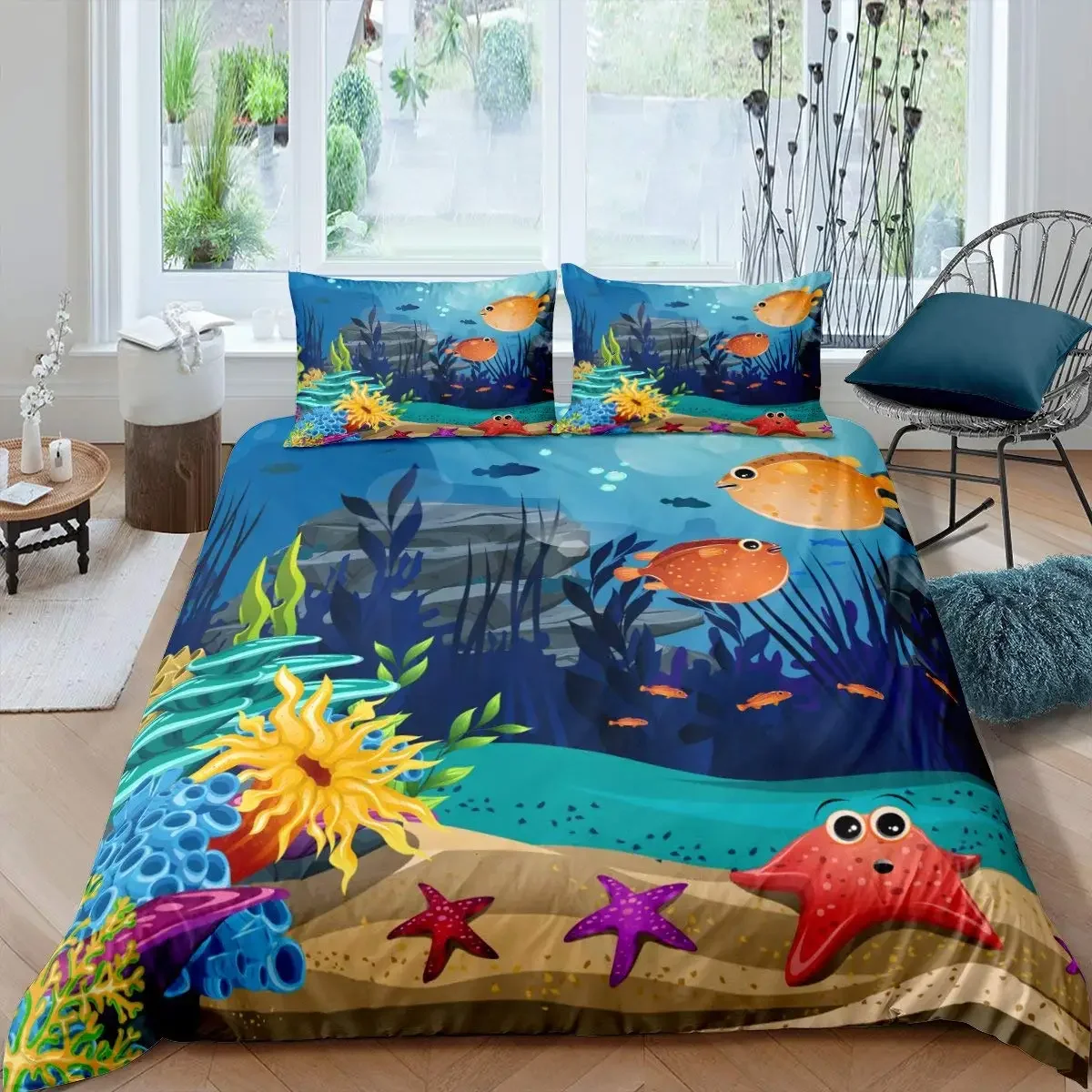 Kid Underwater World Oasis King Queen Duvet Cover Ocean Fish Coral Bedding Set Marine Life Quilt Cover Polyester Comforter Cover