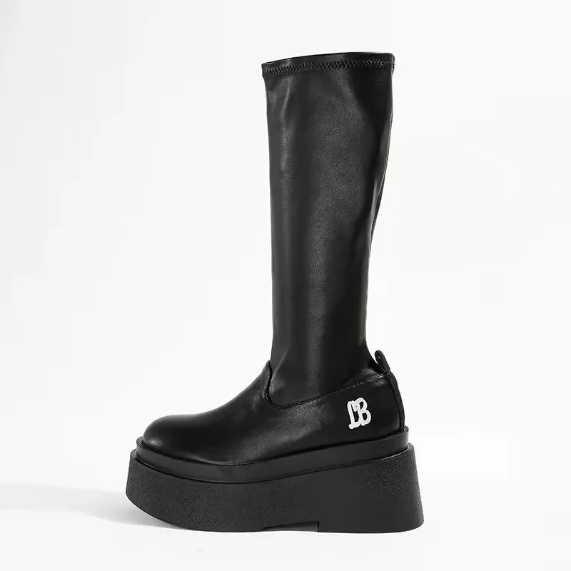 Botas hasta el muslo con cuña para mujer, botines hasta la rodilla con plataforma, color negro, estilo Punk, a la moda, otoño e invierno, 2023