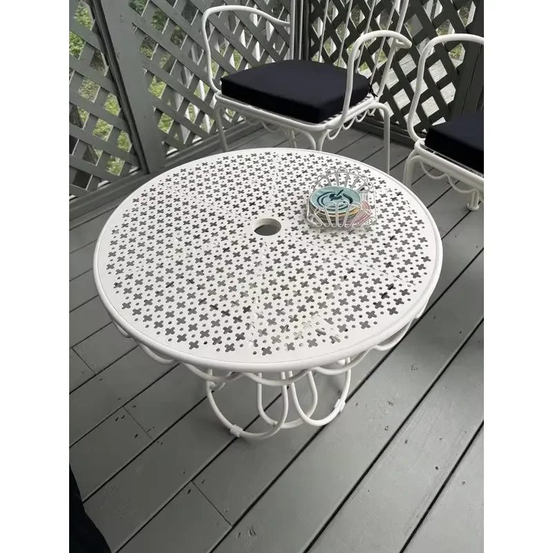 Modern Outdoor French Style Round Metal Bistro Table With Scalloped Edge Detail Perforated Mesh Top for Garden Patio Cafe