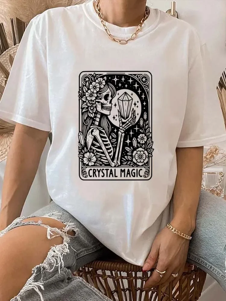 Kristall Magie gedruckt trend ige Retro Damenmode gedruckt Kurzarm Stil O-Ausschnitt Tarot Street Style Sommer neues T-Shirt.