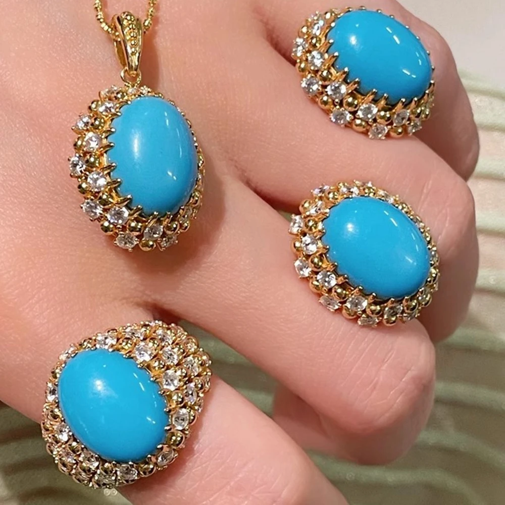 KQDANCE Solido Argento 925 Zircone Sintetico Taglio Uovo Blu Turchese Orecchini Placcato Oro Gioielleria Raffinata Per Le Donne Regali di Anniversario