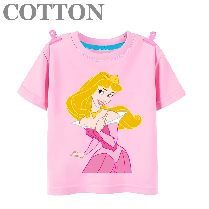 Beautiful Princess Aurora Disney Anime Fashion Cotton Summer Children\'s Cartoon T-shirt Round Neck Short Sleeve Print Pattern