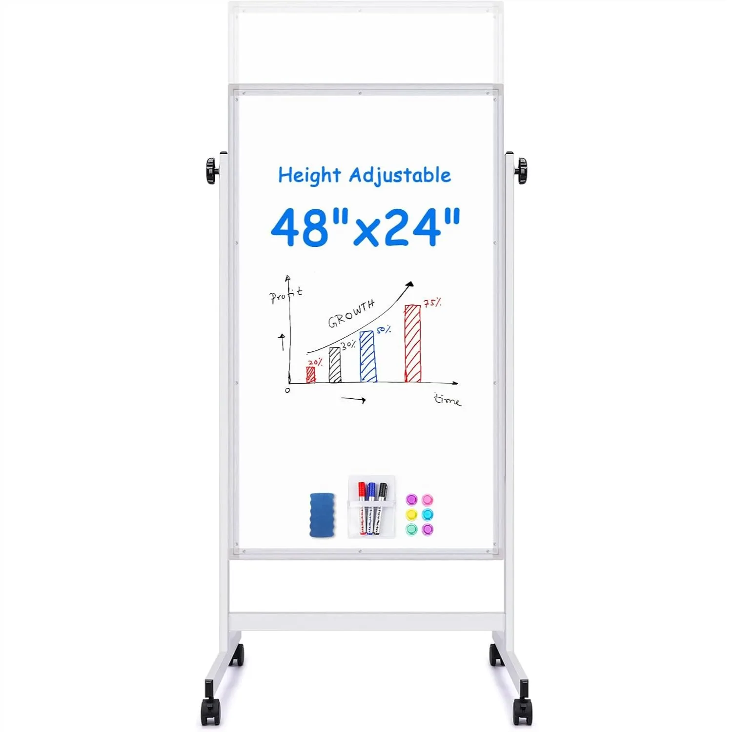

48x24 Double-Sided Rolling Whiteboard on Wheels, Height Adjustable Magnetic Easel Stand for Office Home Classroom
