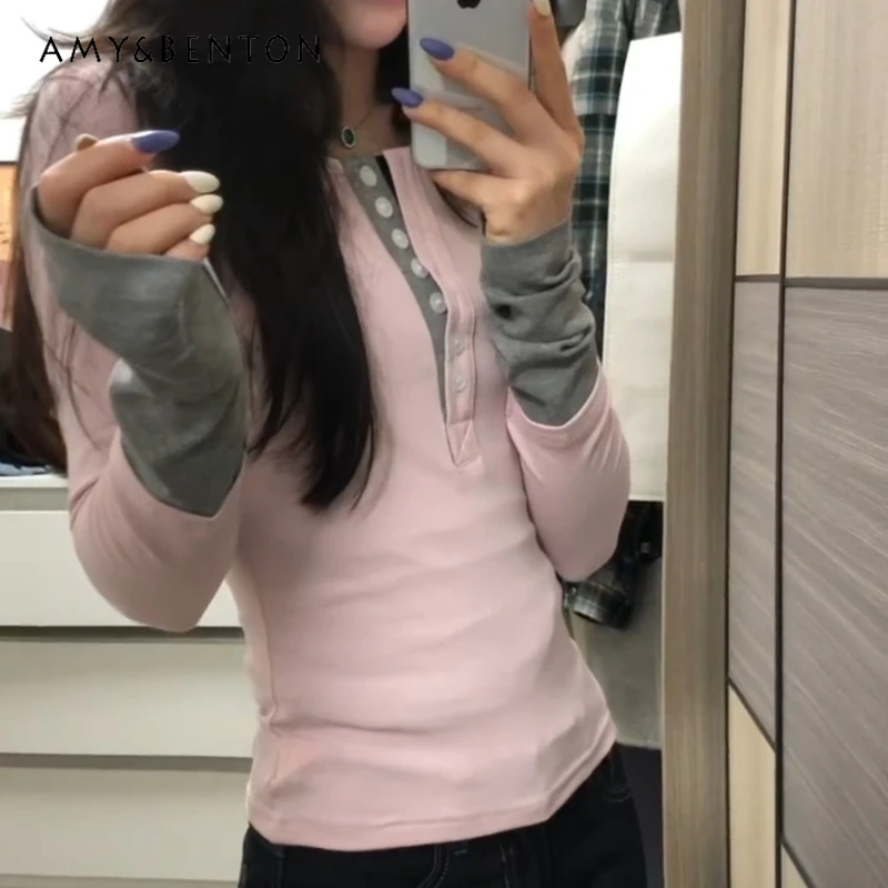

Korean-style Color-blocking Faux Two-piece Long-sleeve Women's T-shirt 2026 Spring New Design Casual Half-open Collar Top Ladies