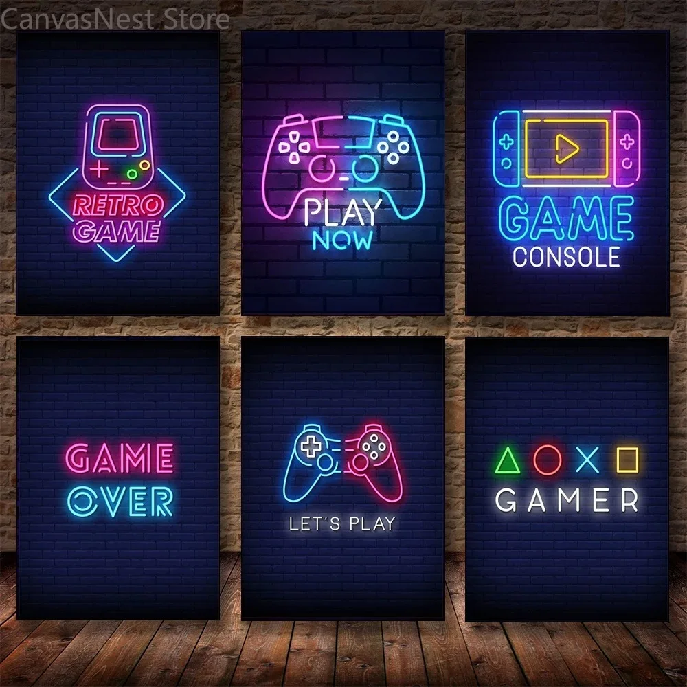 Neon Gaming Canvas Wall Art Set, Video Game Controller Themed Poster Prints