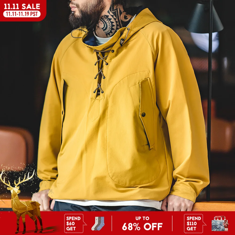 

Maden Yellow Hooded Deck Coat for Men Braided Drawstring Collar Autumn Outdoor Wrinkle-Free Pullover Sweatshirt Everyday Wear