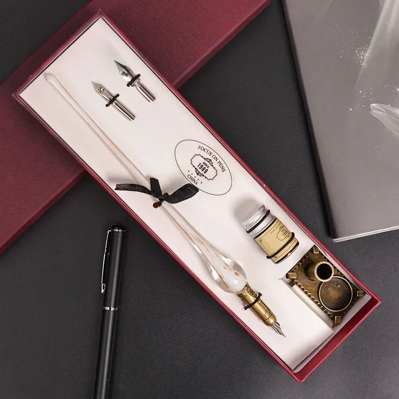 A European Vintage Handmade Glass Pen Ink Crystal Signature Pen Flash Powder Dip Water Pen Gift