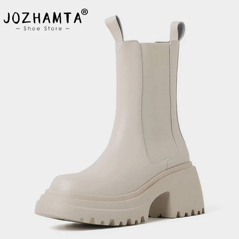 JOZHAMTA Size 34-39 Chelsea Boots For Women Genuine Leather High Heels Shoes Woman Winter Platform Boot Elastic Band Ankle Boots