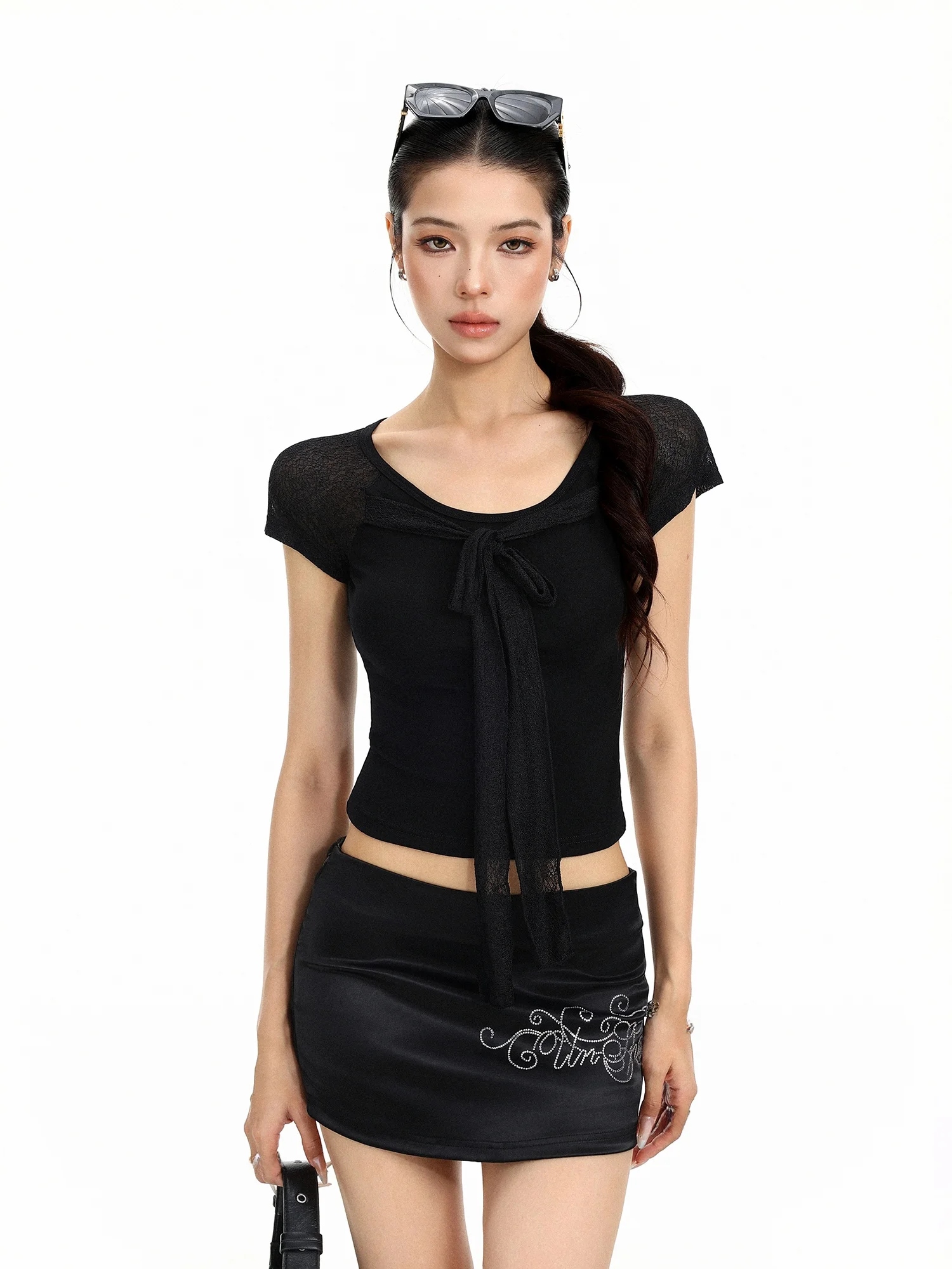 Summer Short Sleeve T-Shirt Women's Lace Patchwork Slimming Belt High Waist Short Length Belly Baring Soft Breathable Casual Top