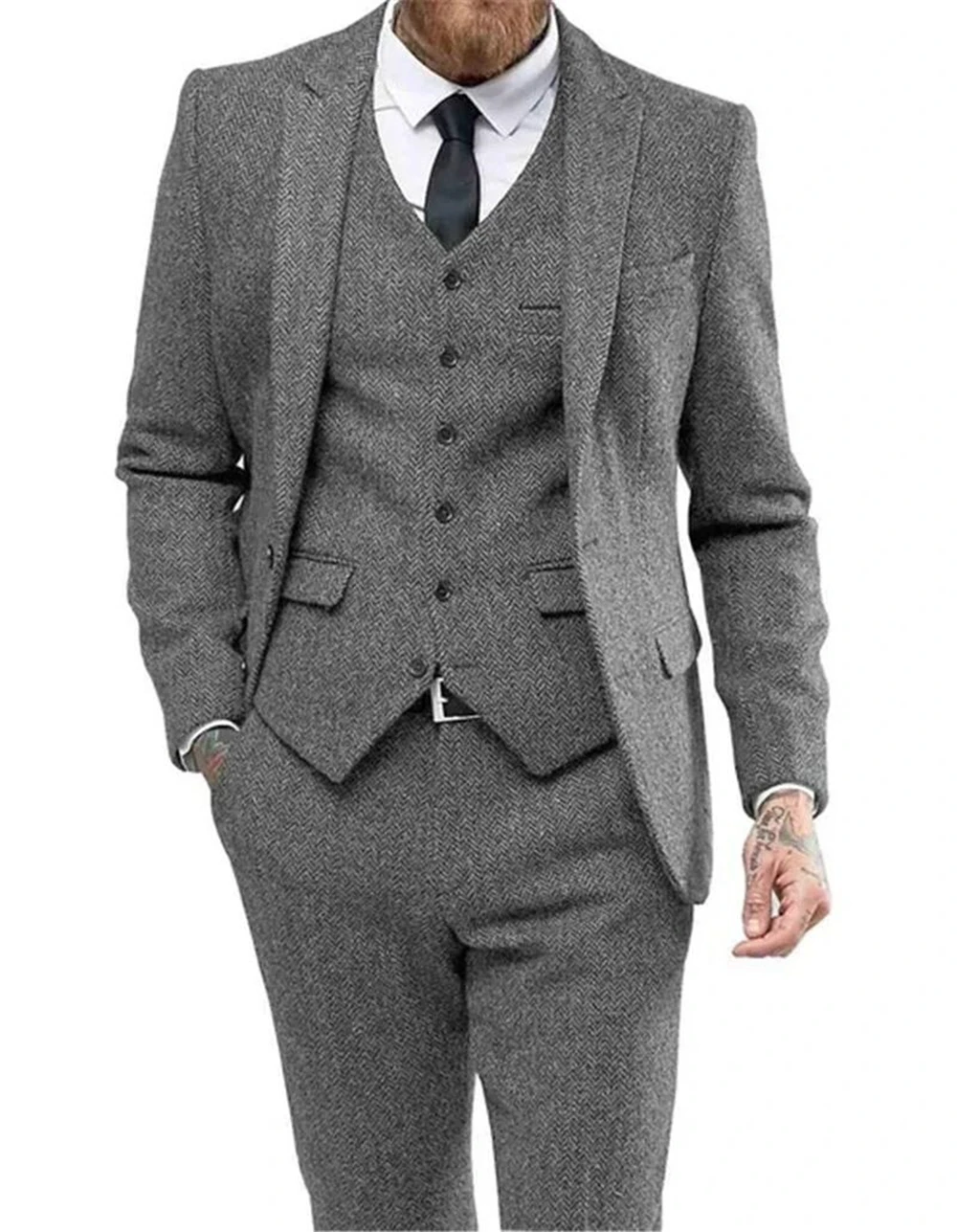 Men’s 3 pieces Silm Fit Bussines Men Suit Herringbone Woolen Groom Tuxedos Two Buttons Blazer For Wedding (Blazer+Vest+Pants)