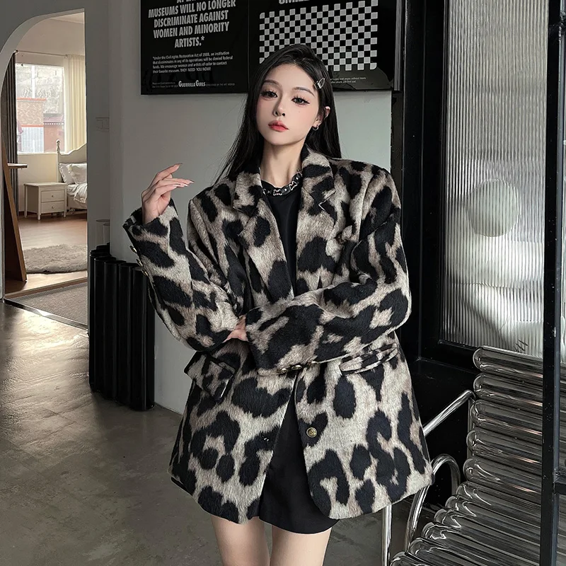 Leopard Print Coat Women Autumn Winter Korean Style Niche Design Loose Suit Jacket Casual Vintage Temperament Blazer