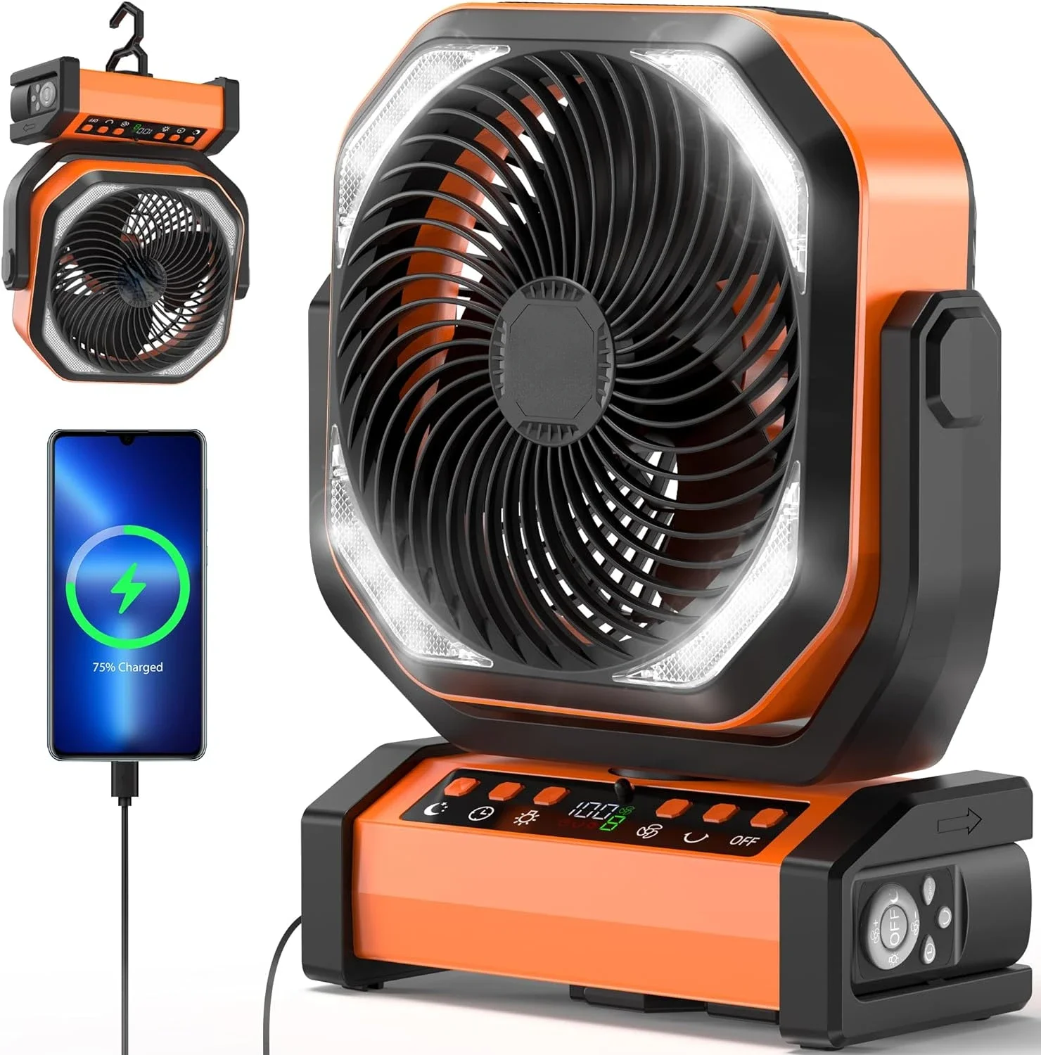 

Rechargeable 20000mAh Camping Fan with Light - Long-lasting 112Hrs Max Run Time, 9 Speeds, Digital Display, Timer, Auto Oscillat