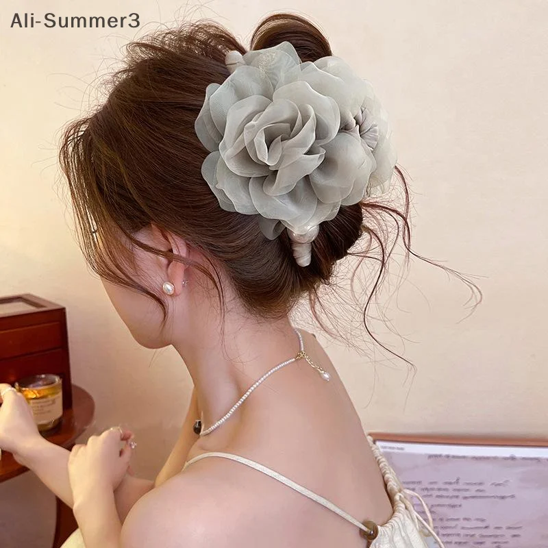 Elegante zarte große Stoff Mesh Rose Blume Haarspange für Frauen Mädchen Imitation Perle Floral Shark Clip Haarschmuck