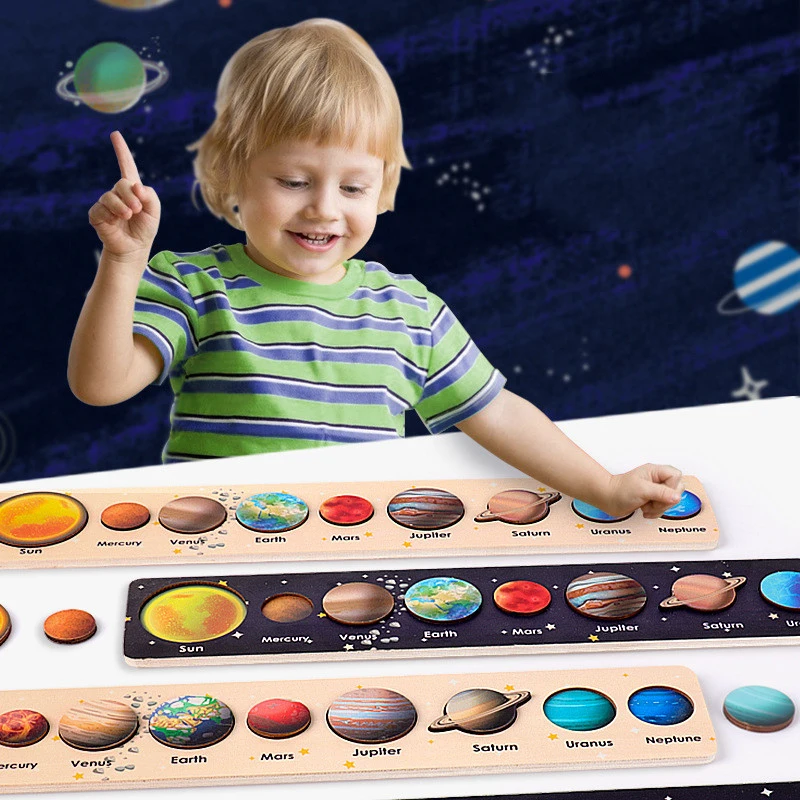 

Wooden Cognitive Puzzle Cosmic Solar System 8 Planets Toy Teaching Aids Matching Board Game Early Educational Astronaut Toys