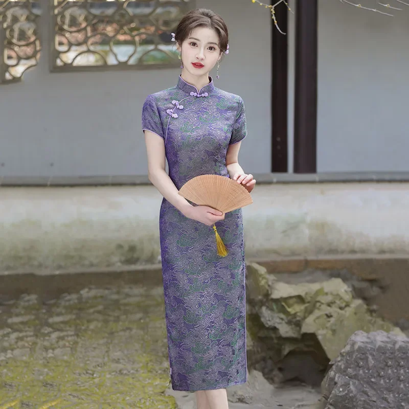 2024 New National Style Old Shanghai Qipao Long Cheongsam Elegant Women Jacquard  High Slit Slim Dress Female Performance Dress