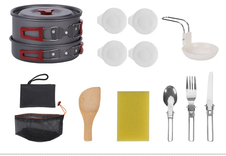 15pcs Camping Cookware Mess Kit Ultralight Aluminum Pot Pan Kettle Set with Bowls Utensils for Backpacking Hiking BBQ Gear