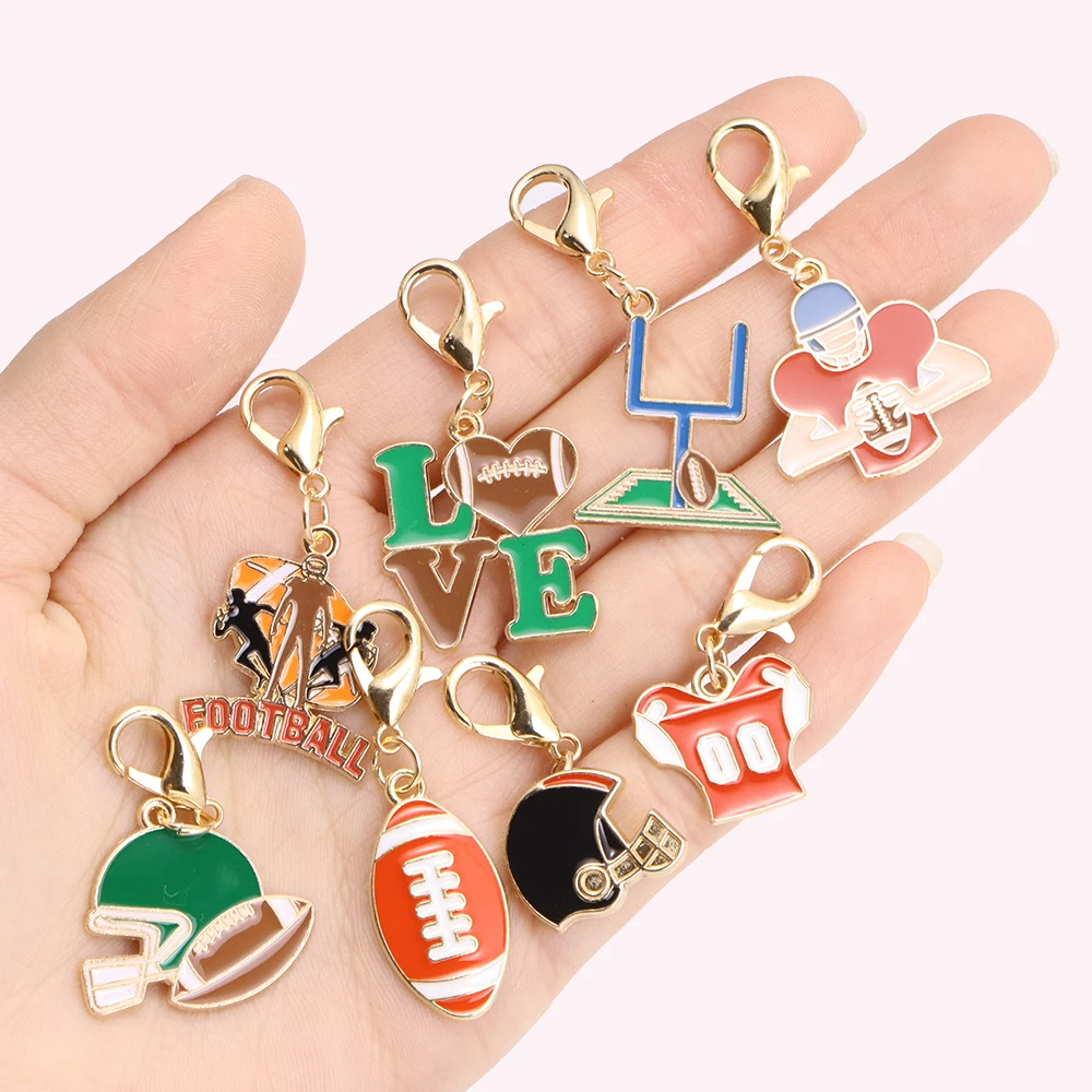 10Pcs Mixed Sports Enamel Rugby with Lobster Buckle Kit Pendant Stitch Markers For Jewelry DIY Making Crafts Decor