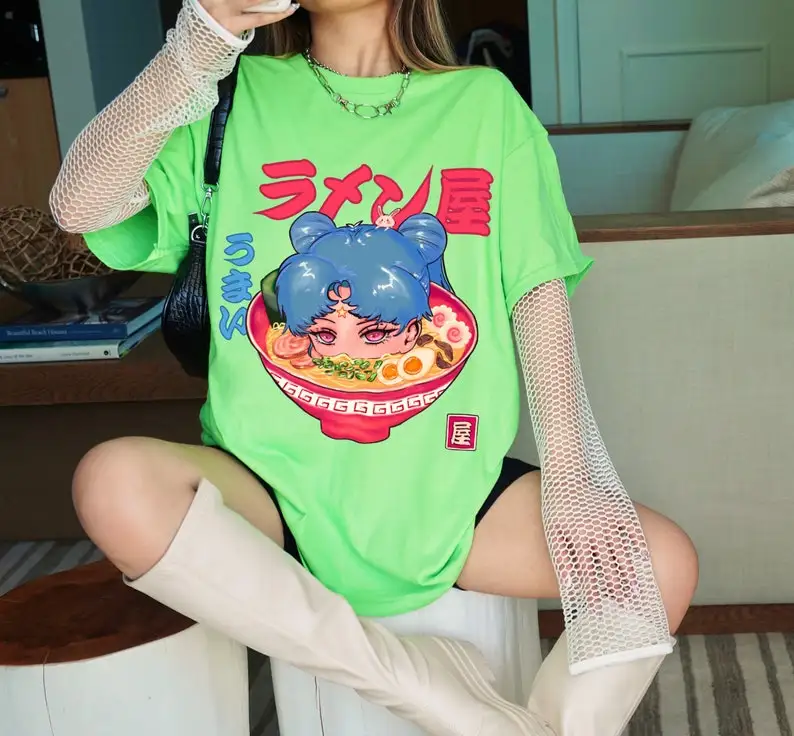 Unisex comfort colors kawaii ramen tshirt-cute ramen tshirt- food tshirt-blue hair  girl-noodle  tshirt-vintage  tshirt