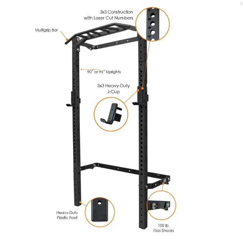 Gym and Home Use Fitness Equipment Wall Mounted Folding Power Squat Rack with Multi-grip Bar