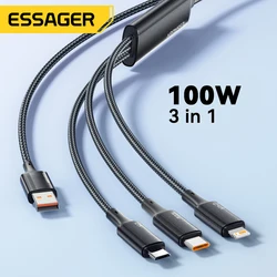 Essager-USB C para Tipo C para Cabo de Iluminação, Carregador Rápido, Cabo de Dados, Cabo de Carregamento Rápido, 3 em 1, Macbook, iPhone, Samsung, Xiaomi, 100W