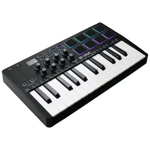 Controlador de teclado MIDI M-VAVE SMK-25 con 25 teclas sensibles a la velocidad 8 almohadillas de batería retroiluminadas, teclado de piano inalámbrico