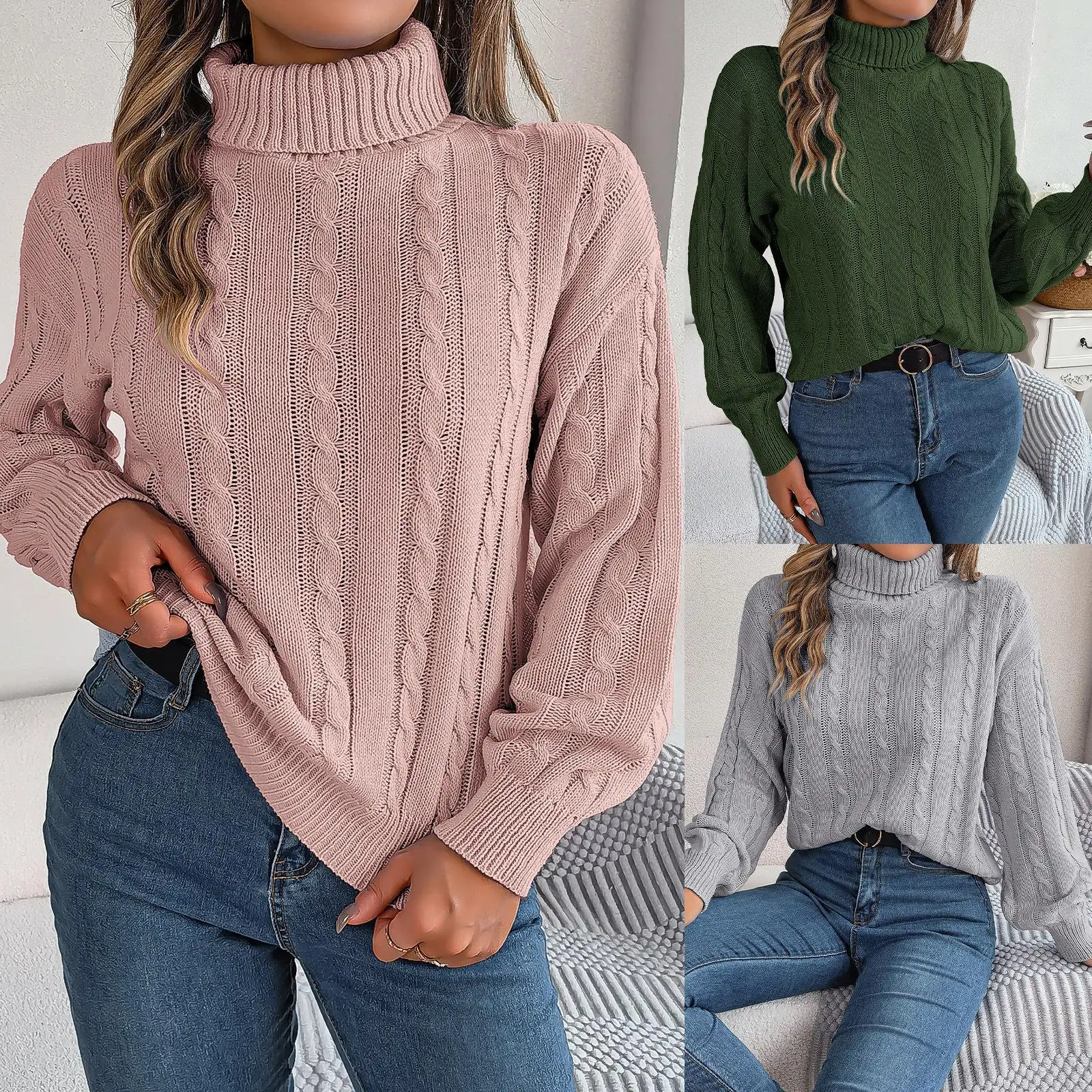 

Autumn Winter Casual Color Twist Long Sve High Collar Sweater Cross-Border Women's Independent Station Faion