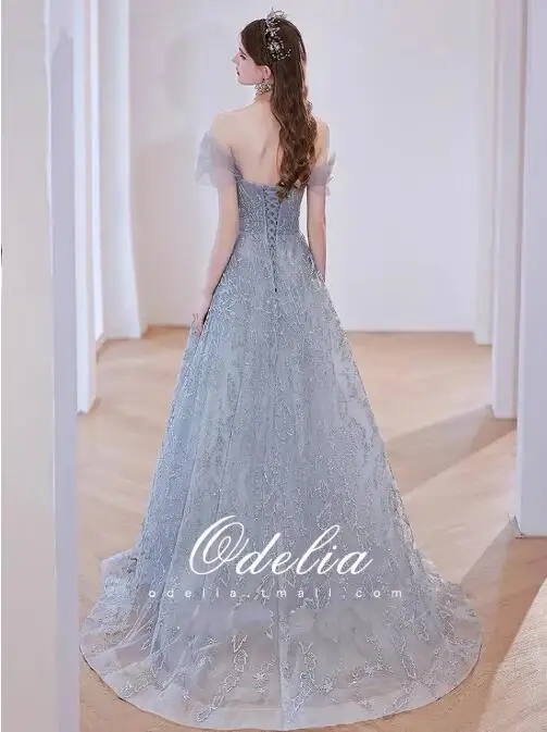 Luxo cinza azul vestidos de baile fora do ombro grande arco a linha renda brilhante beading casamento banquete celebridade vestidos de noite 2022