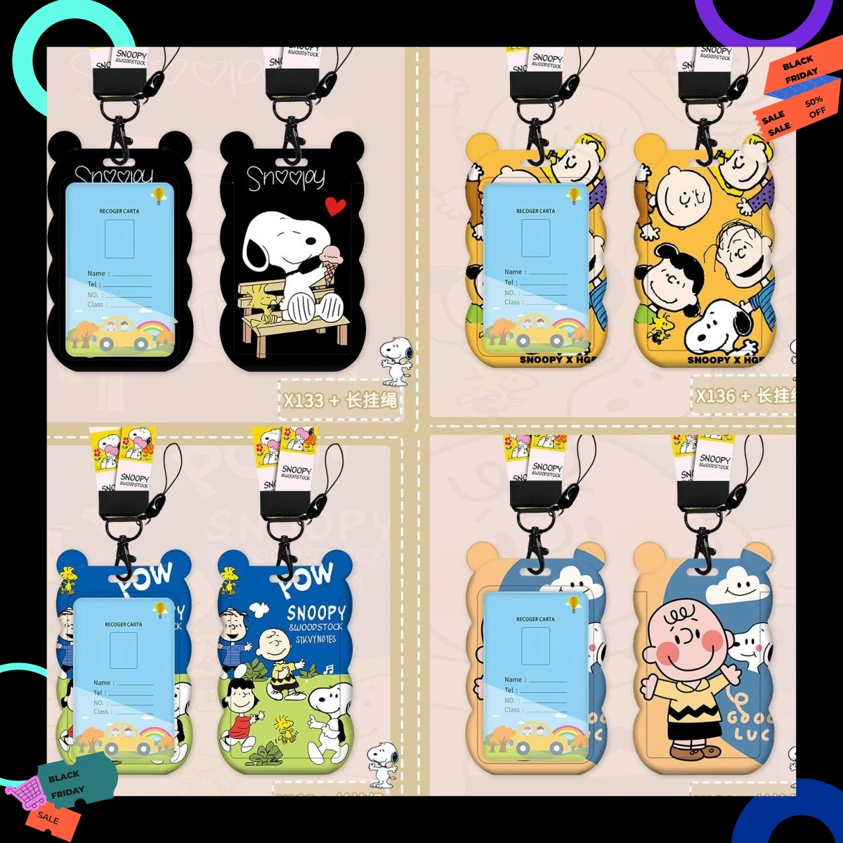 

Cute Snoopy Cartoon PVC Card Holder Neck Lanyard Long Rope ID Card Cover Subway Passport Case Wholesale card holder