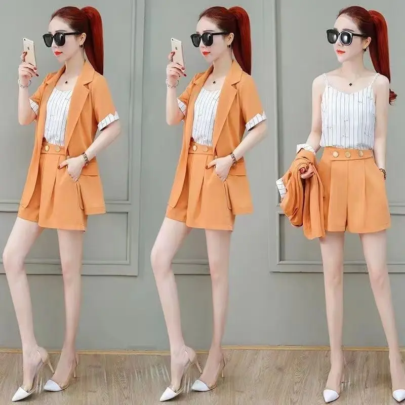 Fashionable Women\'s Set New Korean Version High-end Stylish Thin Style Short Sleeved Shorts Professional Suit Three Piece